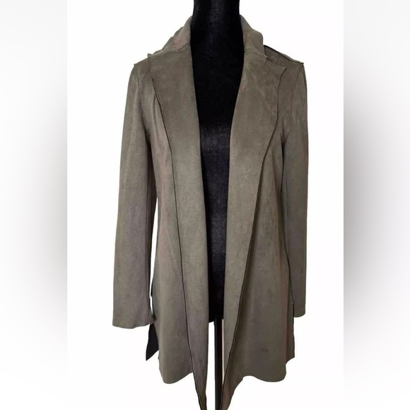 Premise Faux Leather Jacket Sz S Gray Green Open Front Minimalist Long Lines EUC - Picture 2 of 13